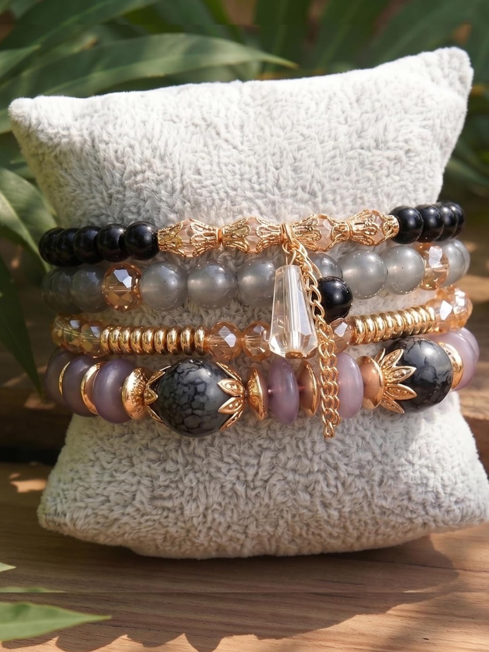 Anthropologie Layered Gold-Accent Bracelet Set - Black, Gray, Purple, Cream